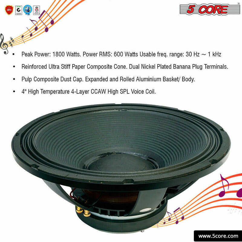 18 inch Subwoofer Replacement DJ Speaker Sub Woofer Loudspeaker Wide Full Range Loud 5 Core 18-220 08 AL