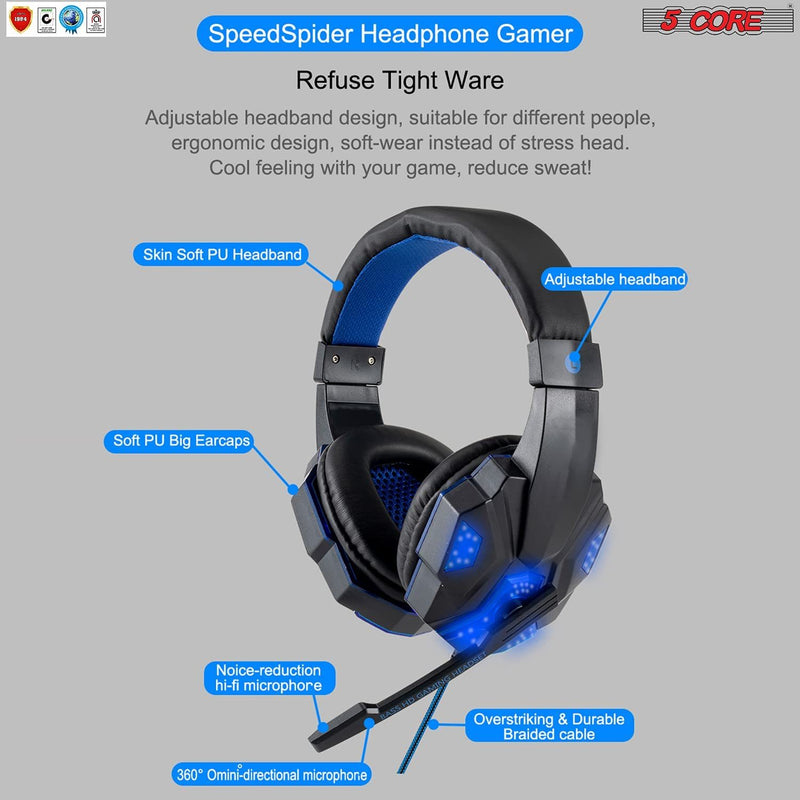 Gaming Headset for PS4 PC One PS5 Console Controller, Noise Cancelling Microphone Over Ear Stereo Headphones with Mic, LED Light, Bass Surround, Earmuffs for Laptop Mac NES Games 5 Core HDP GM1 B
