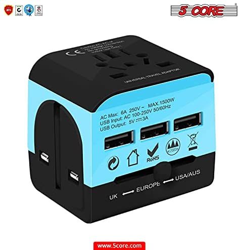 Charger Universal Adapter Multi Outlet Port 3 USB Phone Power All in One Multi Cable Multiple Phone Charge Wall Plug (Blue) 5 Core UTA 3USB BLU
