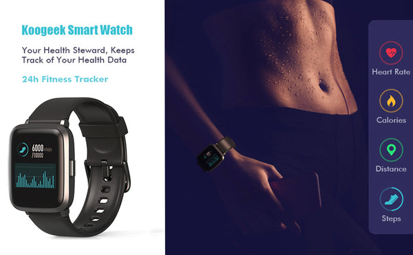 KOOGEEK 205U Smart Watch 2020 Ver.Black Fitness Tracker Blood Pressure Monitor Blood Oxygen Meter Heart Rate Monitor IP68 Waterproof, Smartwatch Compatible with iPhone Samsung Android Phones