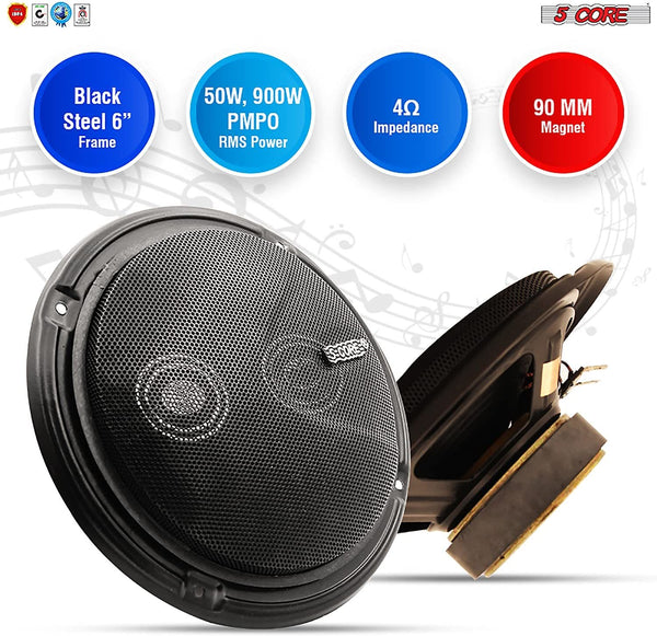 Car Speaker Coaxial 2 Way 6" Sold in Pair PMPO Door Speakers for Car Audio Premium Quality for Back, Boat, Bus, Irremovable Grill 5 Core CS-2-Way