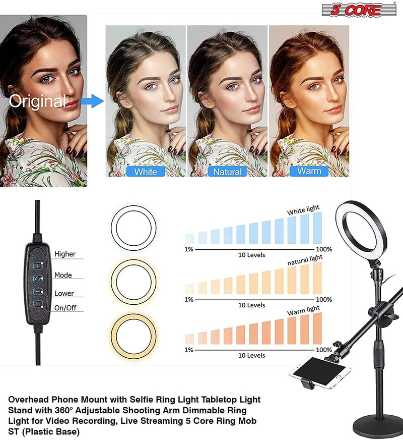 10'' Ring Light Overhead Phone Mount LED Circle Lights 360° Adjustable Shooting Arm Dimmable for Video Recording, Live Streaming, YouTube, Makeup, Instagram, TIK Tok 5Core Ring Mob ST