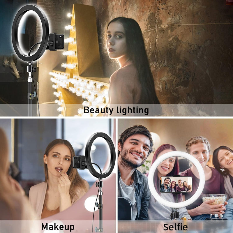 Ring Light 10'' with Stand and Phone Holder, LED Selfie Ring Light for Streaming & YouTube Video, Desk Ring Light Compatible with iPhone/Android, 3 Light Modes & 10 Brightness Levels