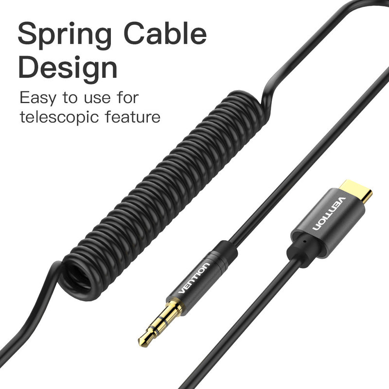 VENTION 3ft Type-C to 3.5mm audio adapter Retractable Gold Plated USB C to 3.5mm Jack Plug Audio Telescopic Spring Cord Male to Male Aux Cable for Type-C Phone/ Tablet Headset/ Car Stereo Speakers