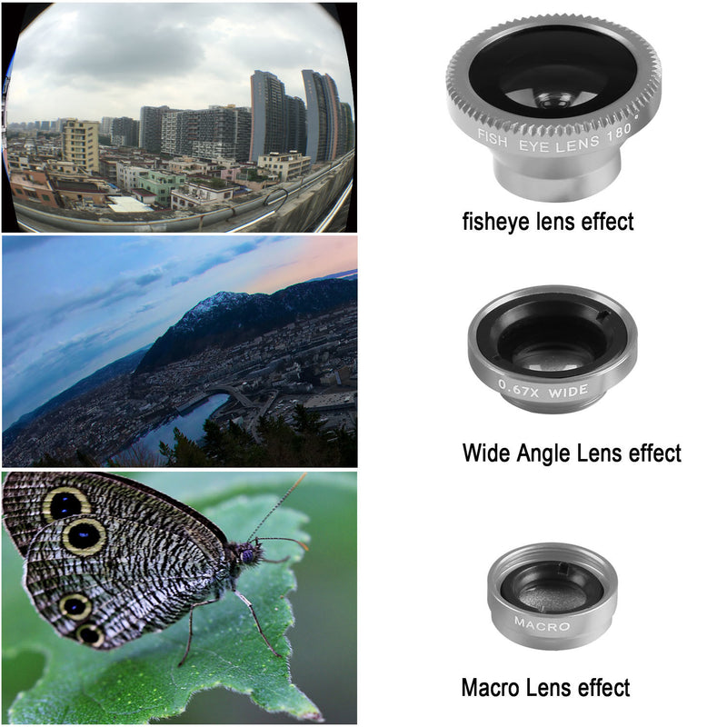 Phone Camera Lens Kit Magnetic 180°Fisheye Lens 0.67xWide Angle 10X Macro Lens