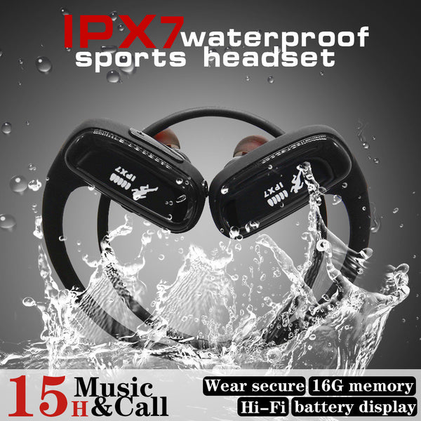 CYBORIS 16GB Built-in Memory MP3 Player Bluetooth Headset Running Earphone IPX7 Waterproof Sports Wireless Stereo Earbud, Rear-mounted Dual Input headphones HIFI Sound Quality with Mic