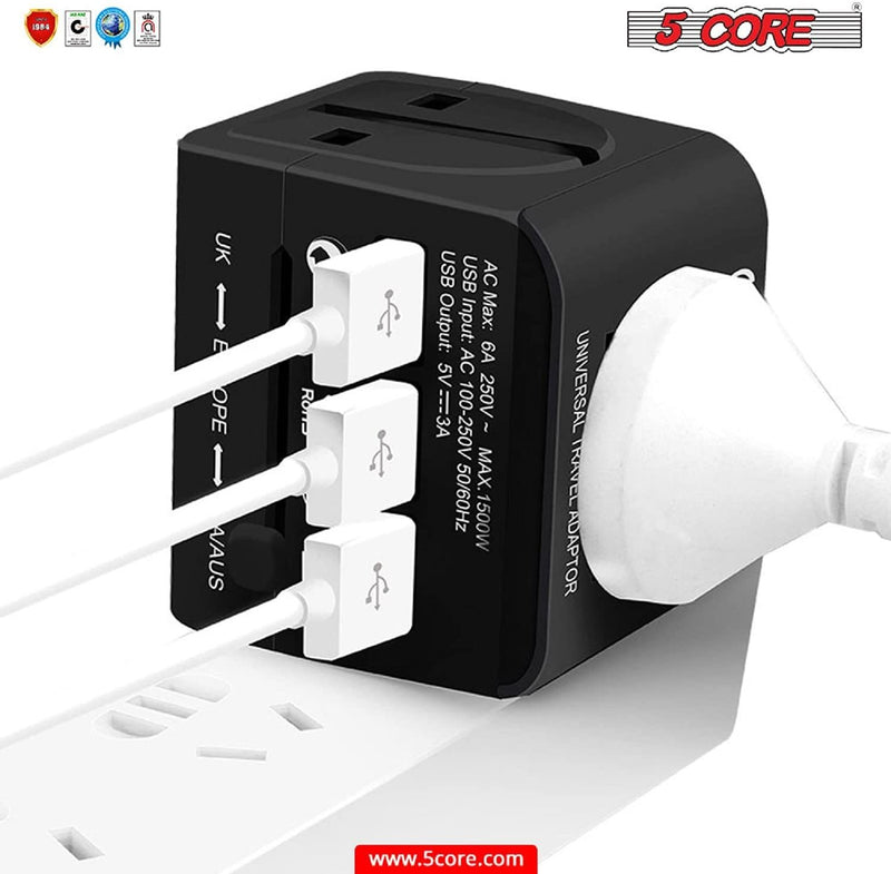 Charger Universal Adapter Multi Outlet Port 3 USB Phone Power All in One Multi Cable Multiple Phone Charge Wall Plug (Black) 5 Core UTA 3USB BLK