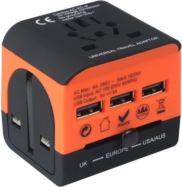 Charger Universal Adapter Multi Outlet Port 3 USB Phone Power All in One Multi Cable Multiple Phone Charge Wall Plug (Orange) 5 Core UTA 3USB ORG