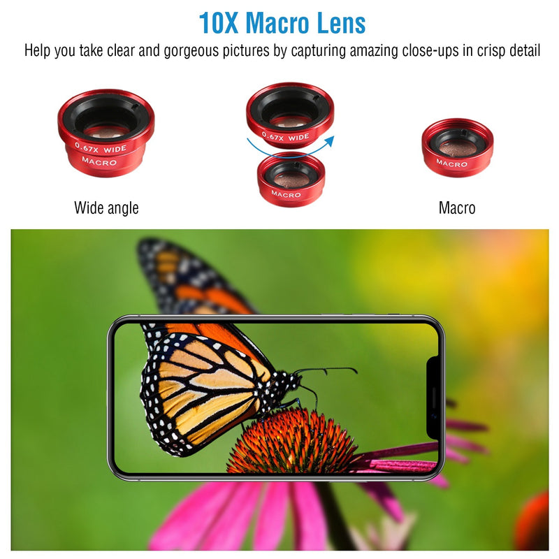 Phone Camera Lens Kit Magnetic 180°Fisheye Lens 0.67xWide Angle 10X Macro Lens