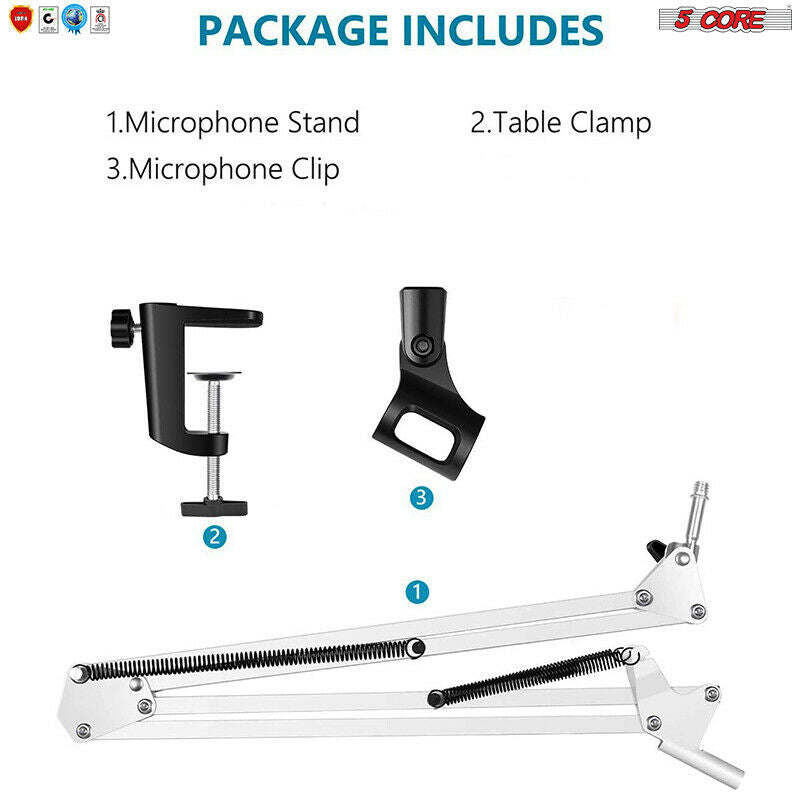 Microphone Stand Suspension Boom Scissor Arm Upgraded Studio Microphone Mic Holder Mike Stand Clamp 5 Core MS ARM (White)