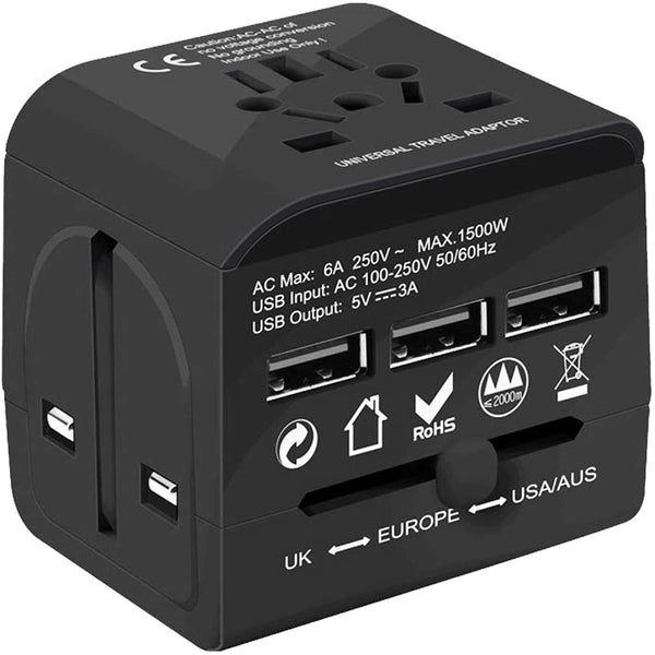 Charger Universal Adapter Multi Outlet Port 3 USB Phone Power All in One Multi Cable Multiple Phone Charge Wall Plug (Black) 5 Core UTA 3USB BLK
